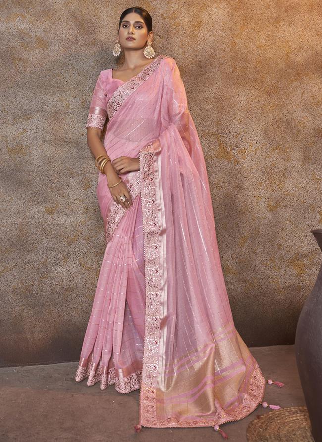 Top Dyed Baby Pink Party Wear Sequins Work Saree